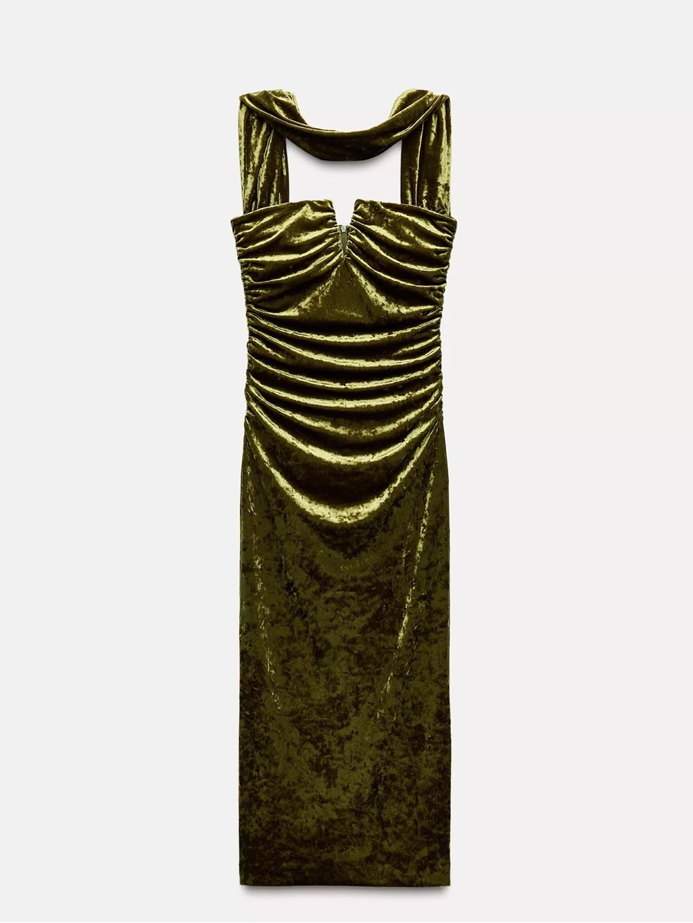 Zara Olive Green Velvet strapless Midi Dress NEW
